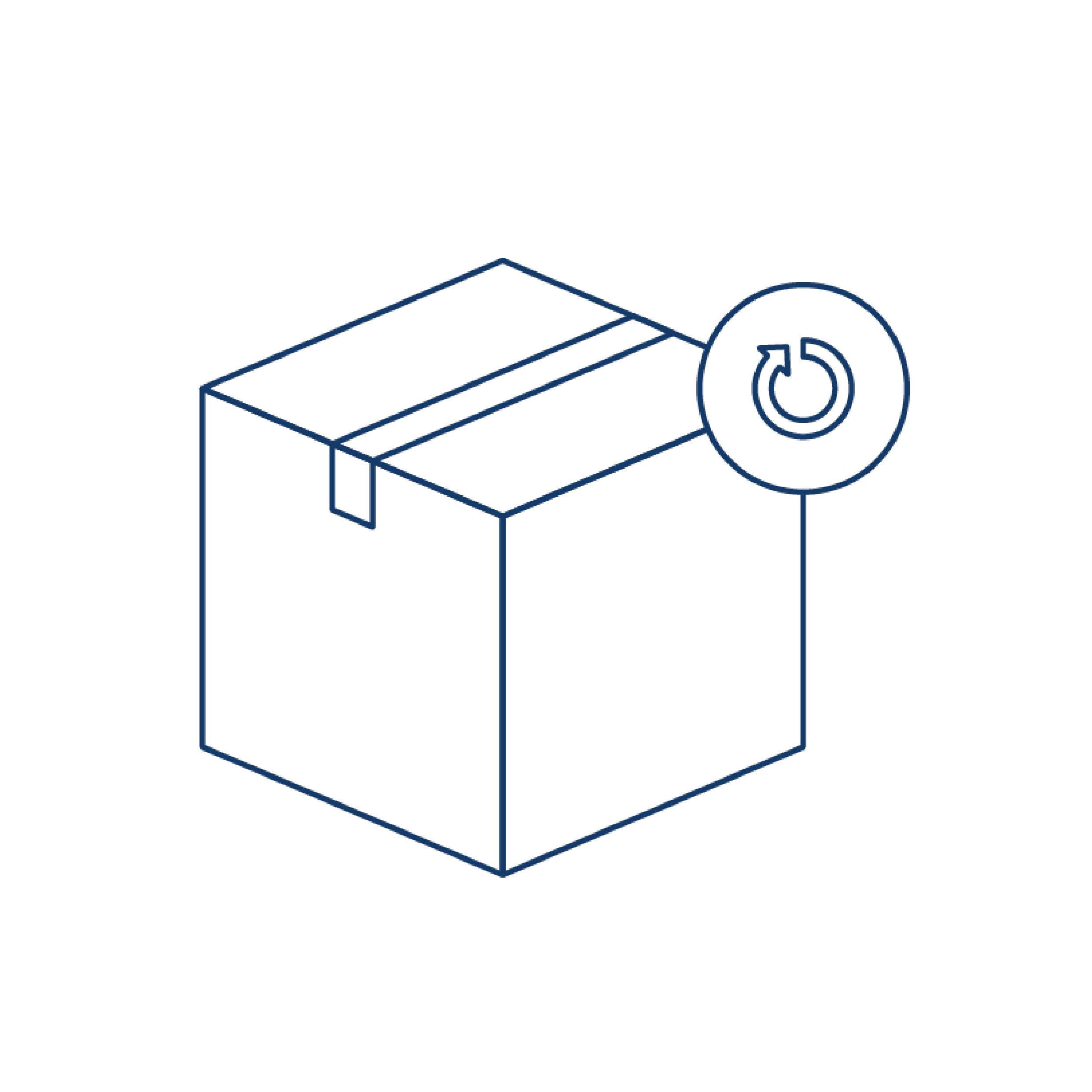 Large icon of a cardboard box with a clockwise open arrow symbol in the corner