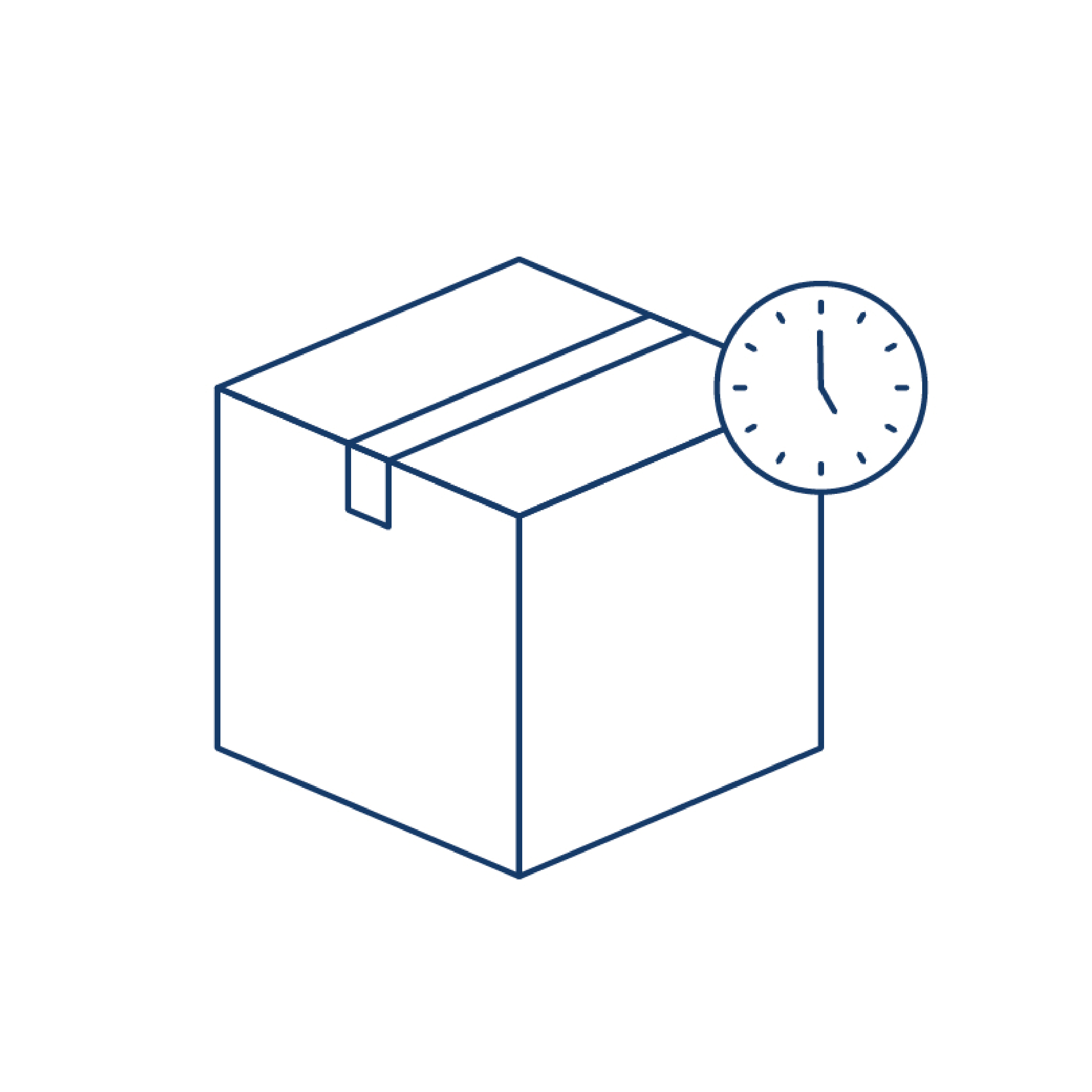 Large icon of a cardboard box with a clock symbol sign in the corner