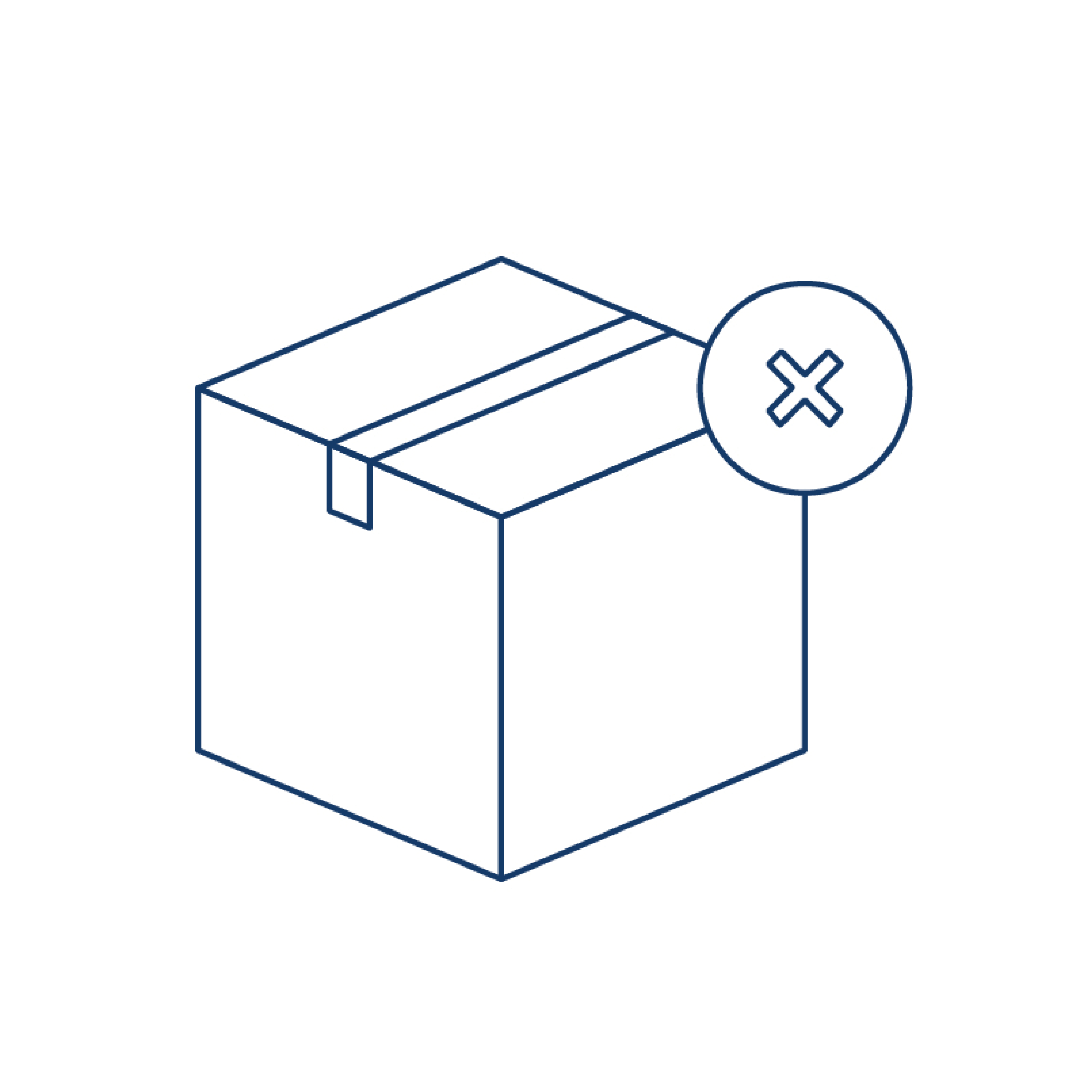 Large icon of a cardboard box with a cross or X sign in the corner