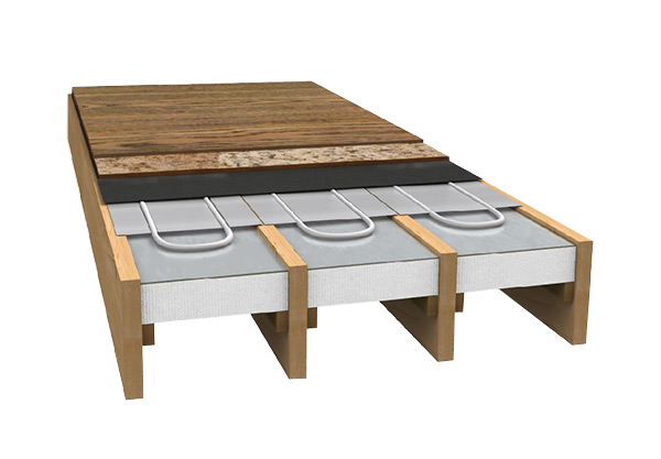 a computer rendering of how joisted underfloor heating is fitted between joists
