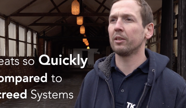 happy customer with text on image saying heats so quickly compared to screed systems