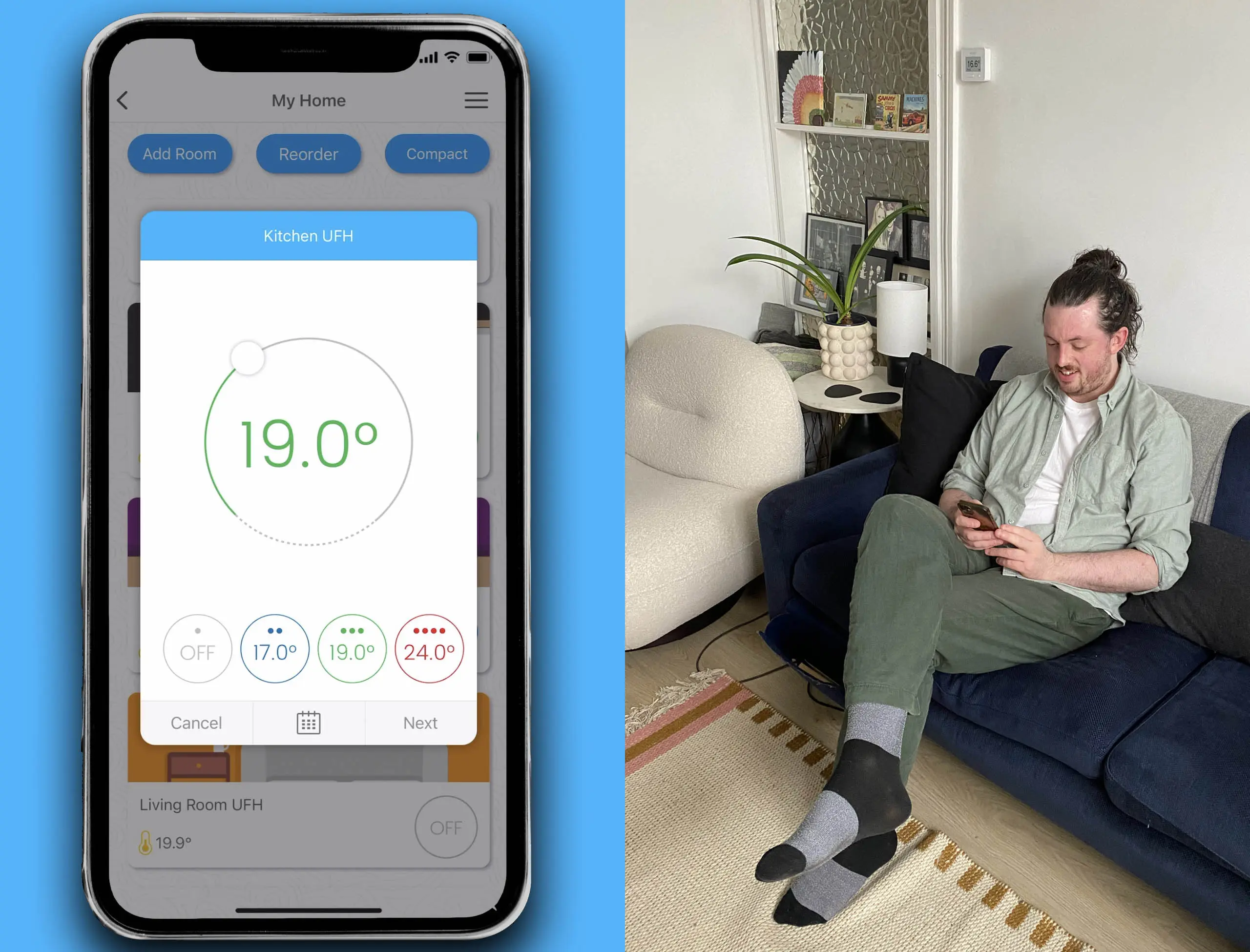 Man sat on sofa using the WundaSmart app to control his underfloor heating