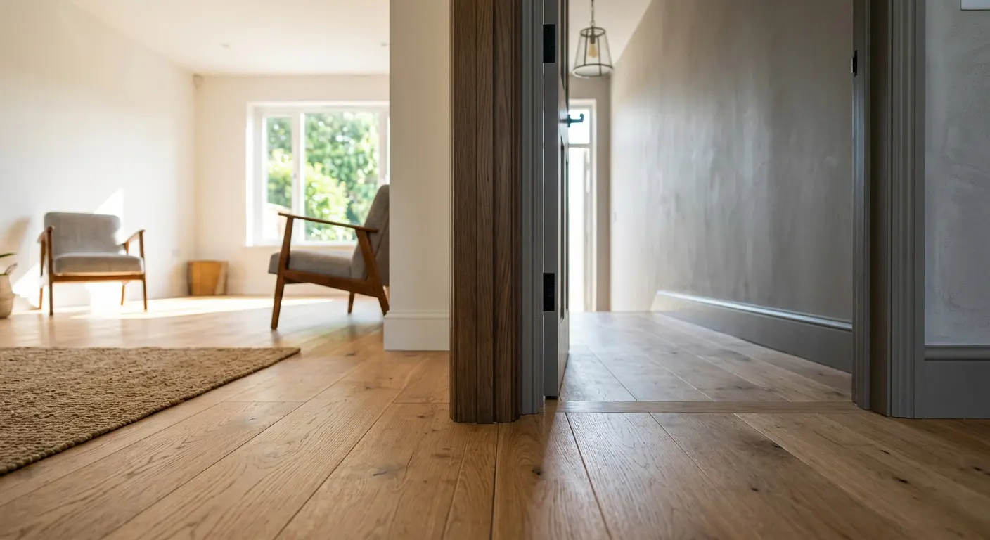 Modern home doorway threshold showing the transition between two connected interior spaces.