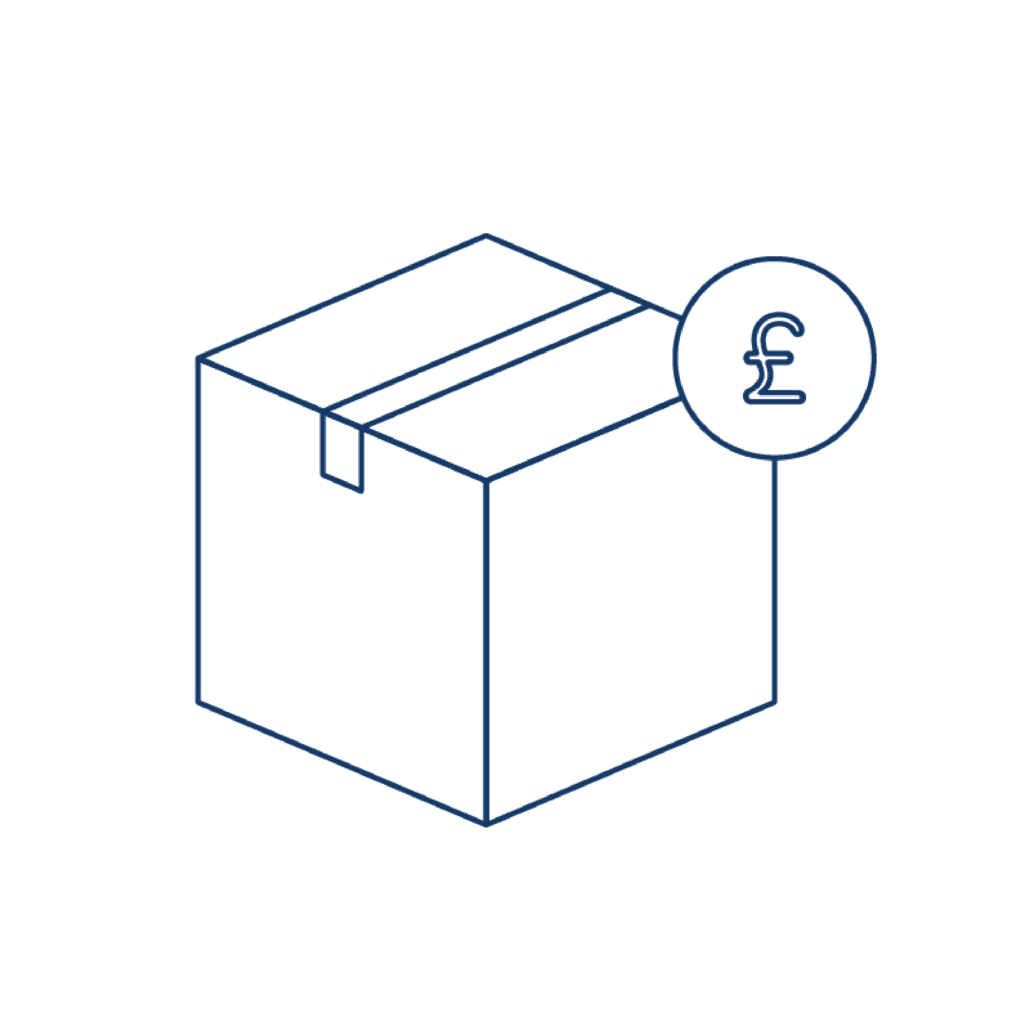 Large icon of a cardboard box with a British Pound sign in the corner