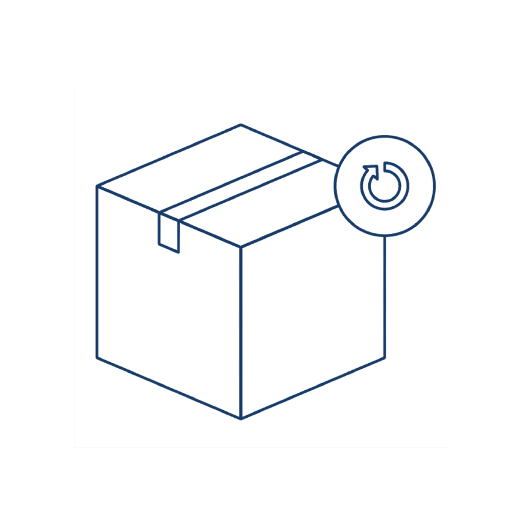 Large icon of a cardboard box with a clockwise open arrow symbol in the corner