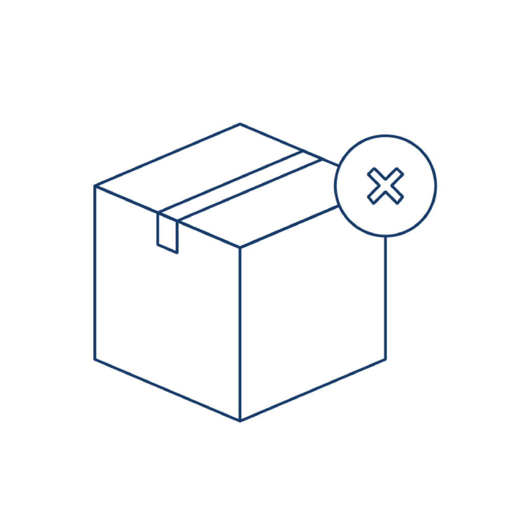 Large icon of a cardboard box with a cross or X sign in the corner