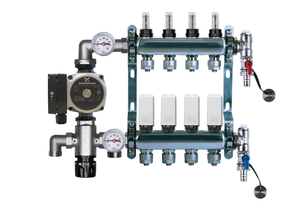 A Grundfos auto manifold for underfloor heating systems with gauges