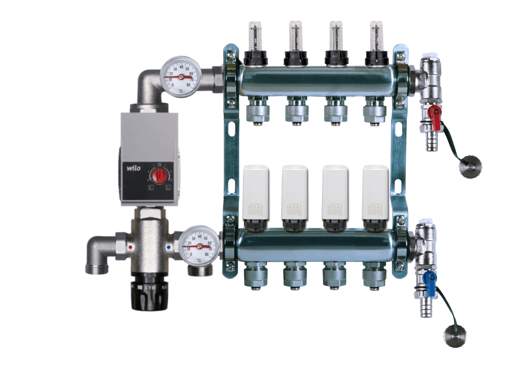 A Wilo auto manifold for underfloor heating systems with gauges