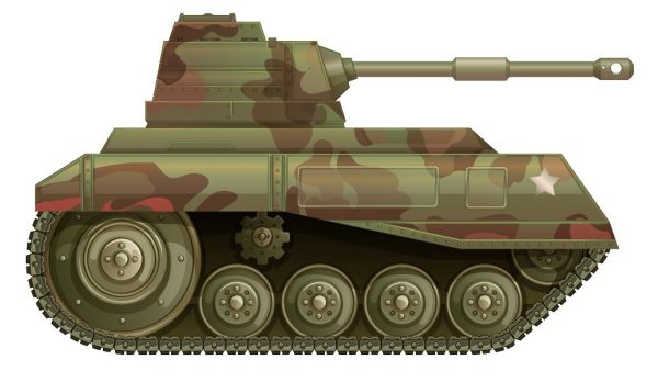 large green camouflage army tank with a star on the side