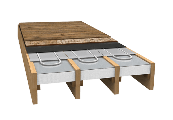 a computer rendering of how joisted underfloor heating is fitted between joists