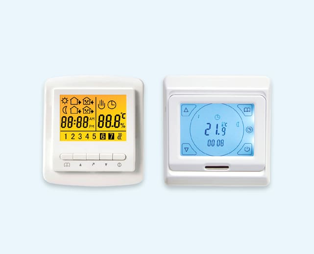 Two digital and wired thermostats pictured, showing the options available