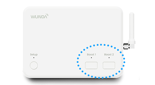 the WundaSmart hub switch device with the boost buttons outlined in a blue dotted circle