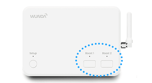 the WundaSmart hub switch device with the boost buttons outlined in a blue dotted circle