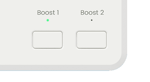 Boost 1 button with a green LED lit and boost 2 button with no LED lit on a Wunda hub switch device