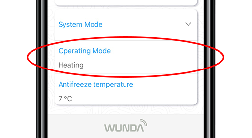 The WundaSmart app operating mode settings outlined in a red oval