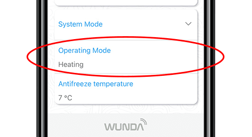 The WundaSmart app operating mode settings outlined in a red oval