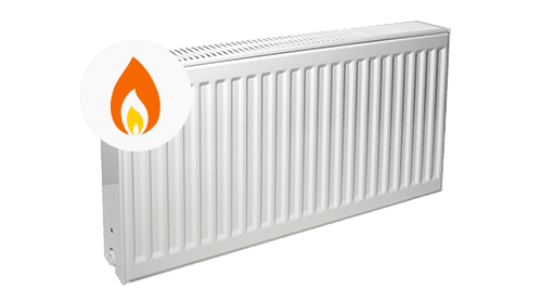 A rendering of a radiator with an orange and yellow flame icon inside a white circle